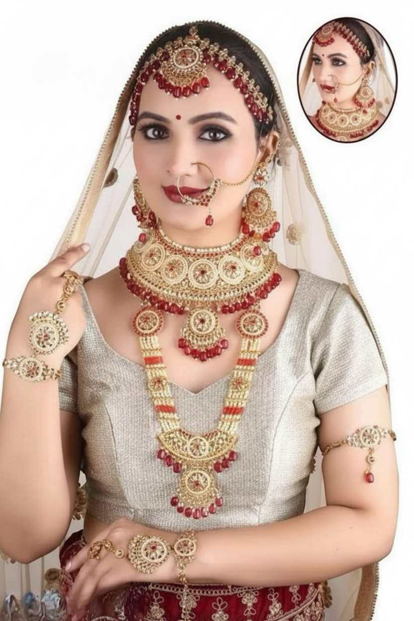 Premium Indian Bridal Jewellery Set for Women – Gold Plated Necklace, Earrings, Maang Tikka, Nath & Bangles with Red Stones