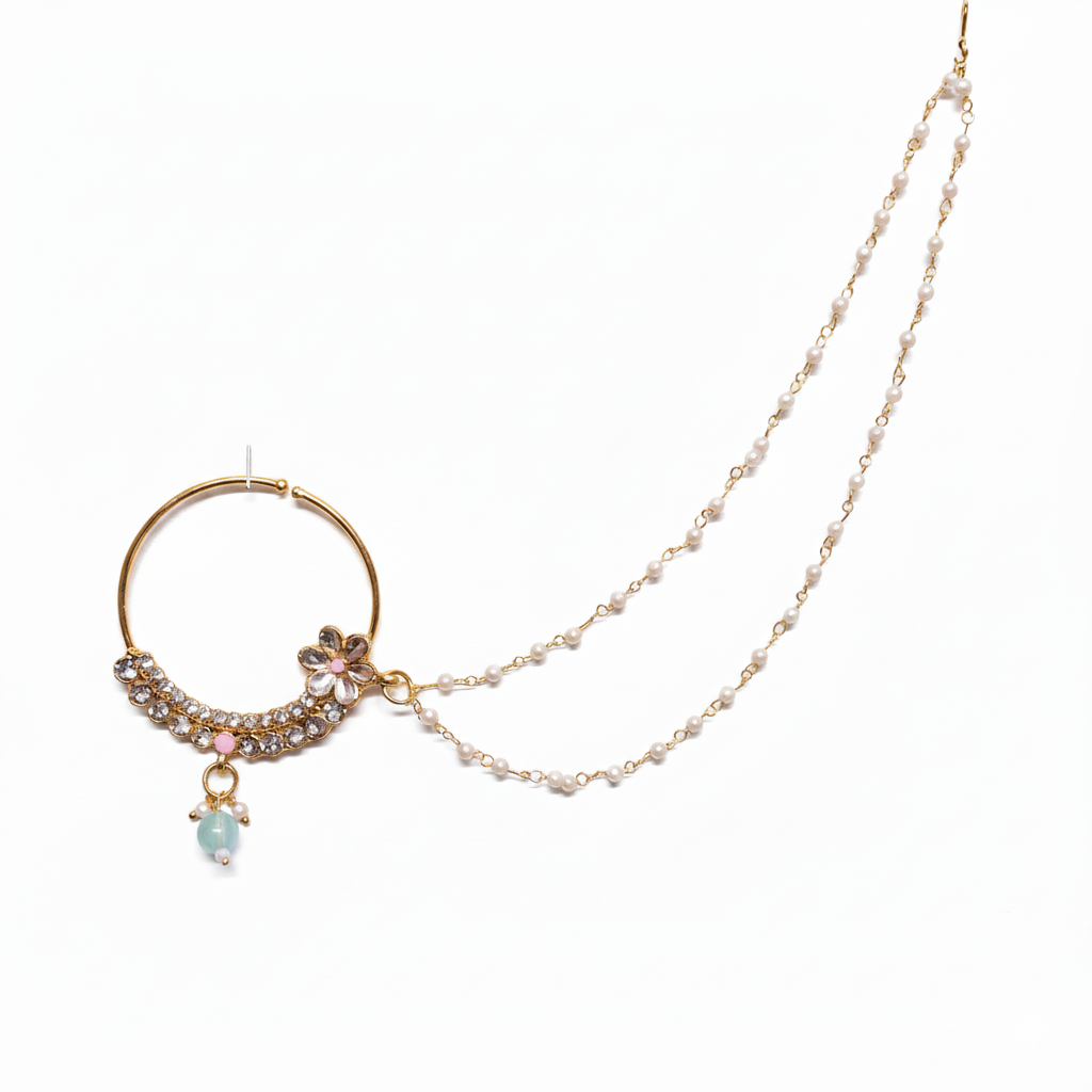 Premium Floral Stone Nose Ring with Double Chain – Perfect for Bridal & Party Wear