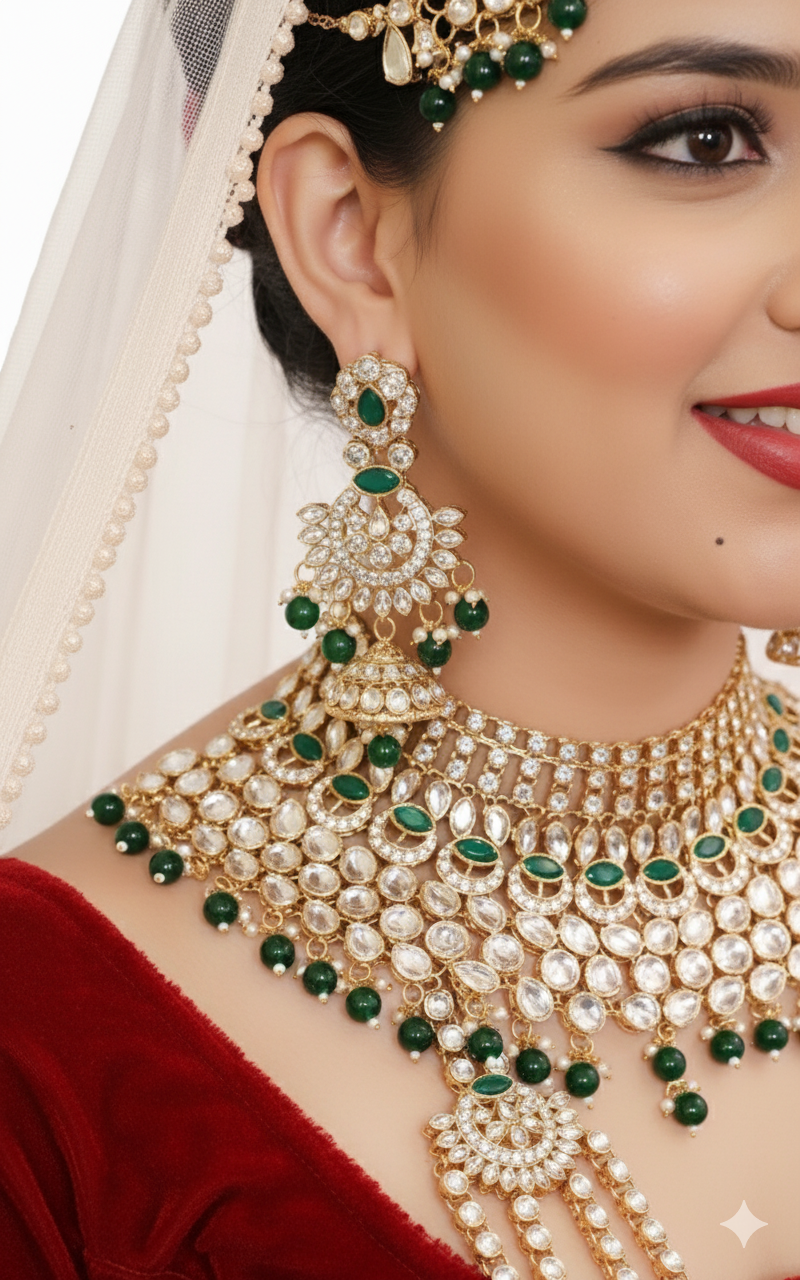 Traditional Green & Gold Bridal Jewellery Set D.No.1406
