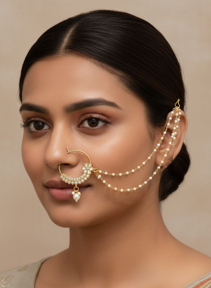 Elegant Gold-Plated Pearl Nath with Double Chain for Women