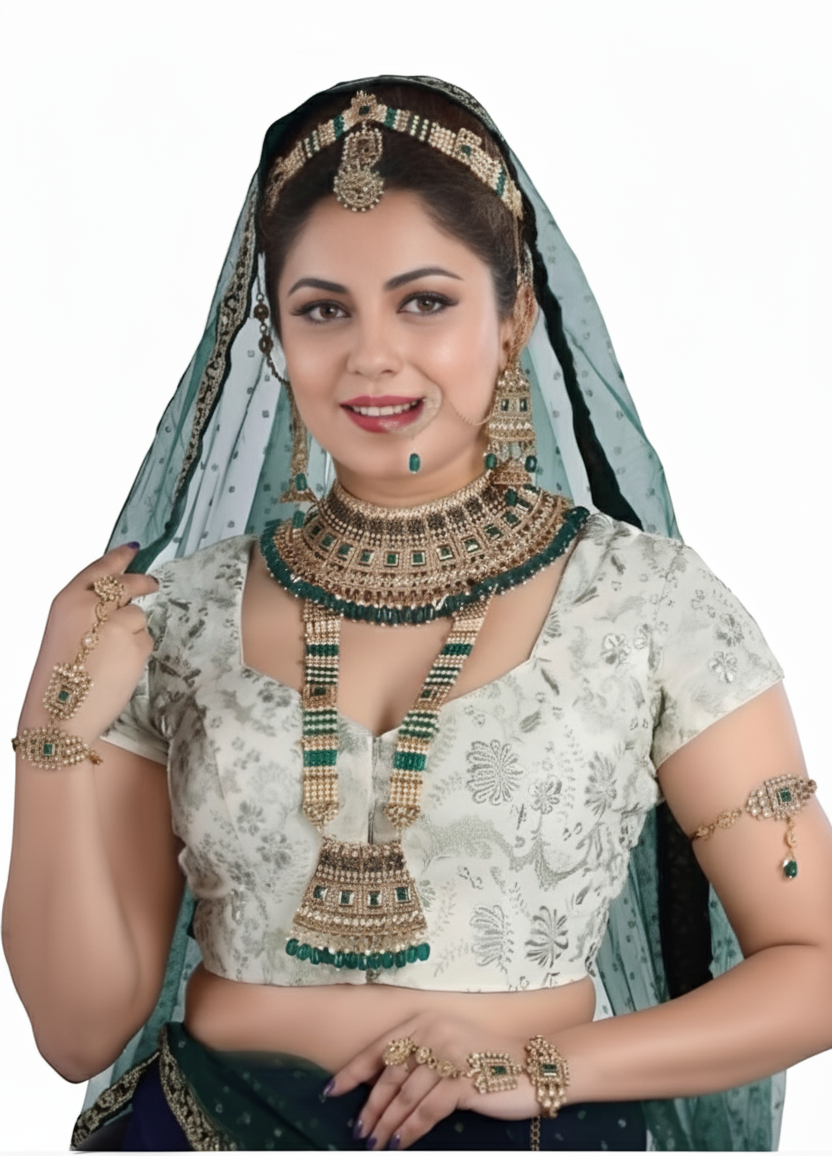 The 'Royal Princess' Emerald Green & Gold Plated Full Bridal Set 7011