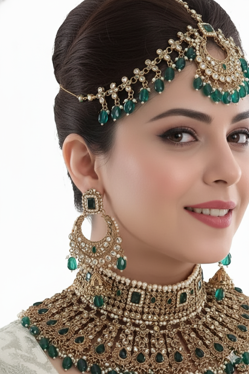 Exquisite Emerald & Pearl Bridal Jewelry Set JB 4035
