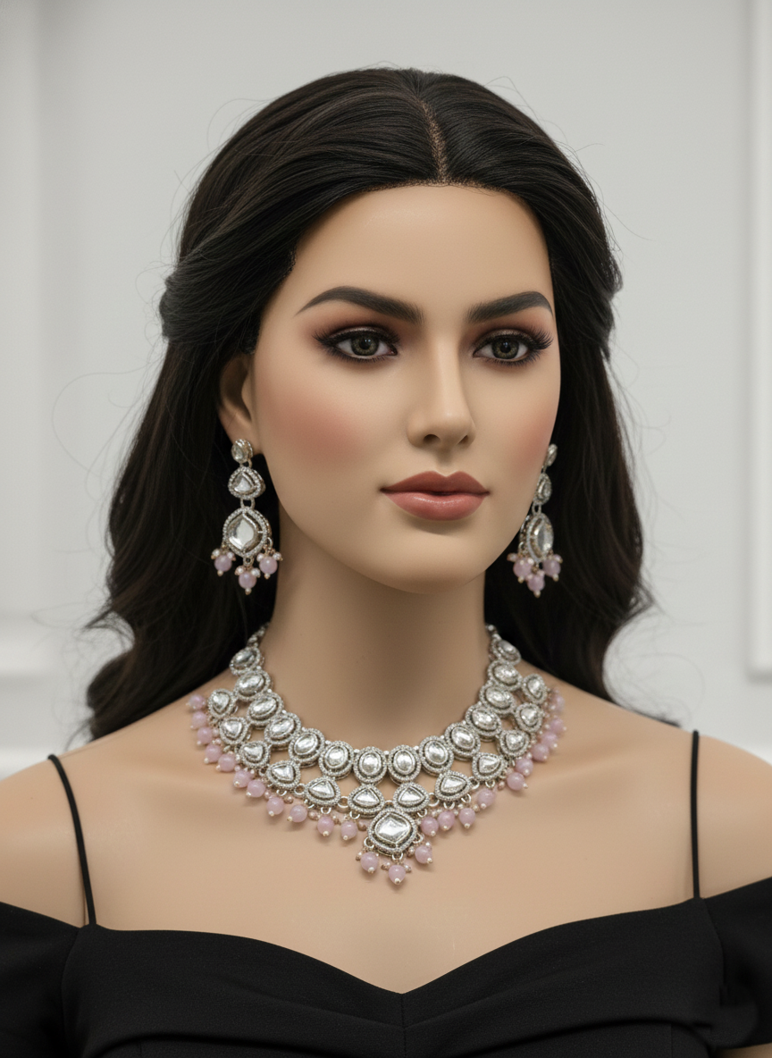 Elegant Kundan Necklace Set with Pink Beads – Party & Wedding Wear