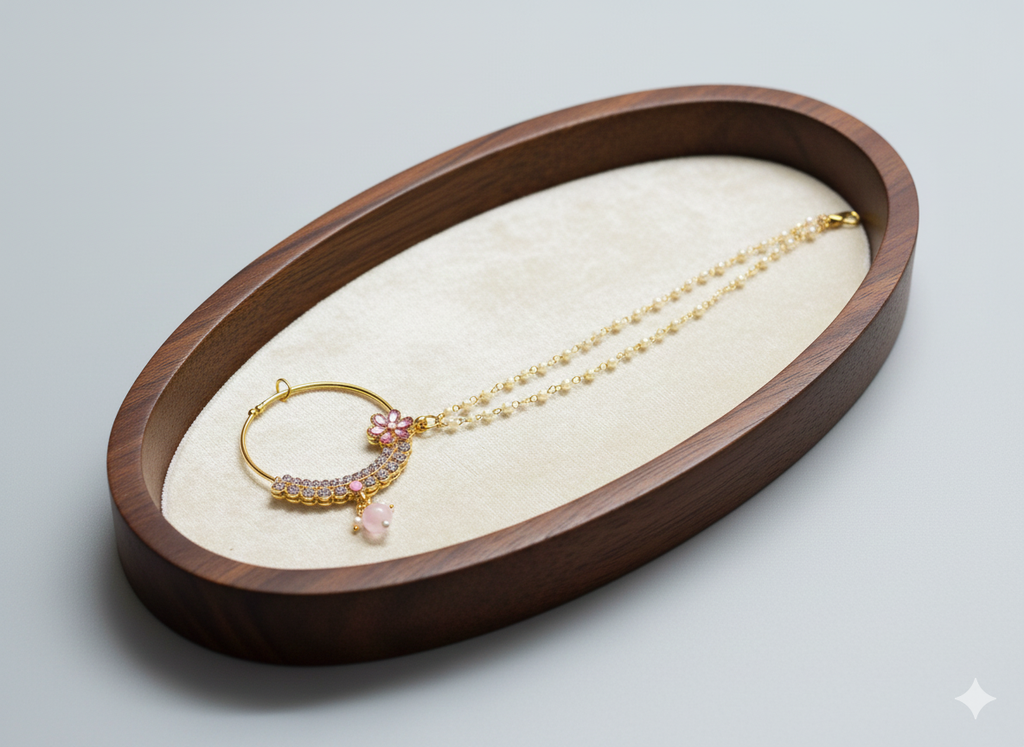 Elegant Pink Stone Floral Nath with Double Chain