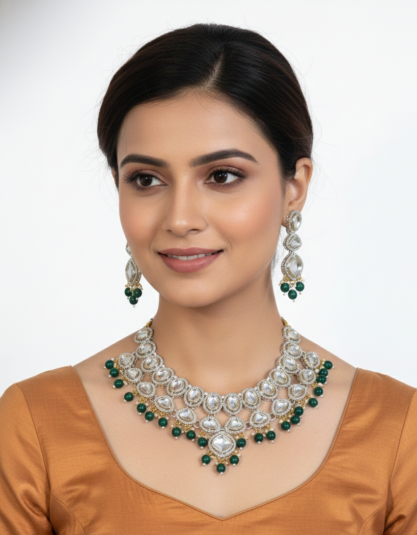 Elegant Kundan Necklace Set with Green Beads Traditional Bridal & Party Wear Jewellery
