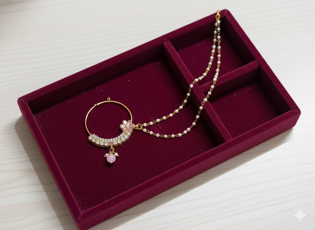 Elegant Pink Stone Floral Nath with Double Chain