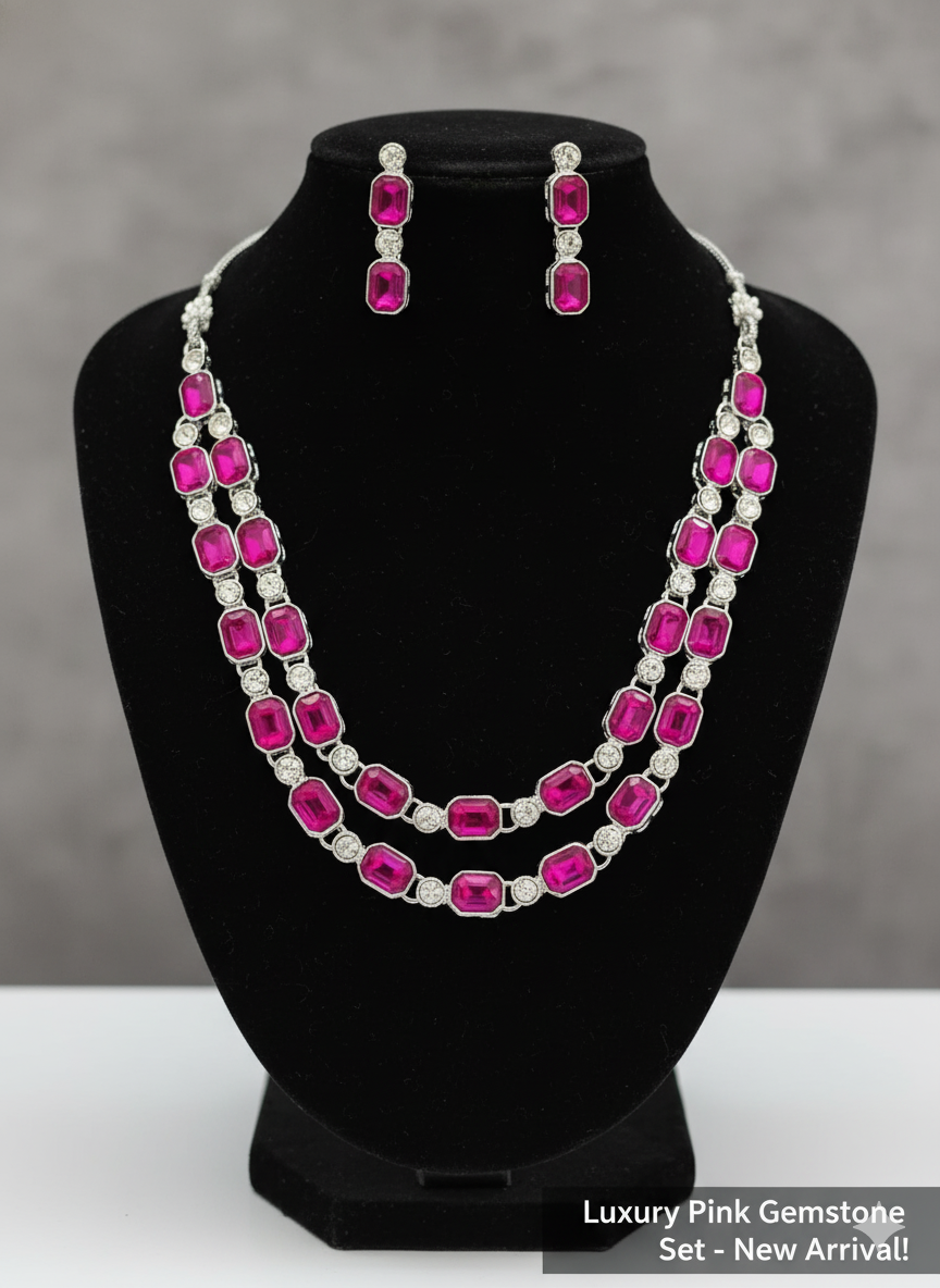 Exquisite Pink Gemstone Necklace & Earring Set – A Touch of Global Glamour