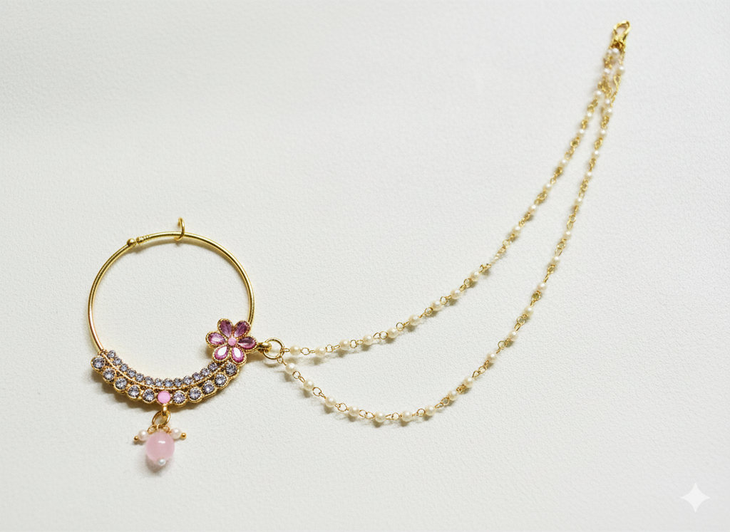 Elegant Pink Stone Floral Nath with Double Chain