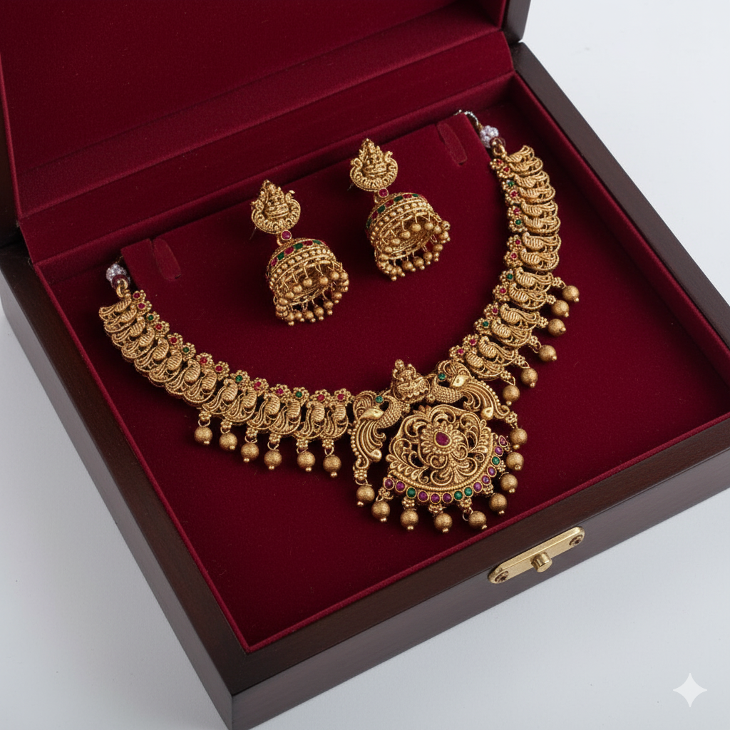 Antique Temple Jewellery Necklace Set for Women – Gold Plated Goddess Lakshmi Design with Jhumka Earrings