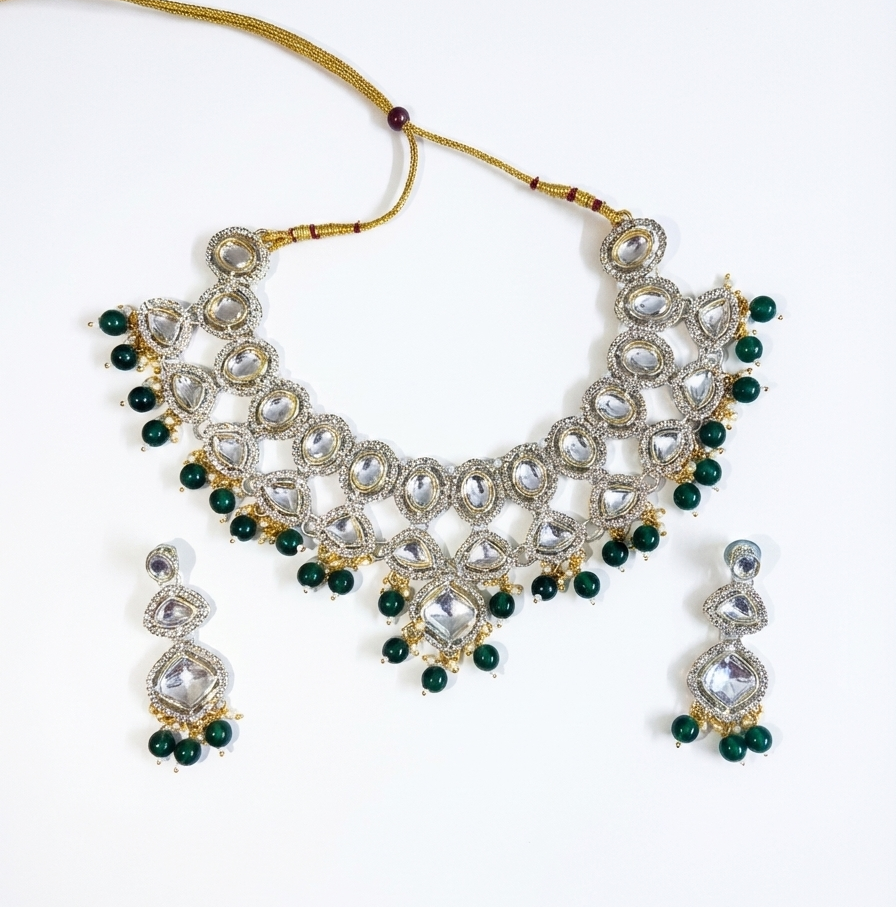 Elegant Kundan Necklace Set with Green Beads Traditional Bridal & Party Wear Jewellery