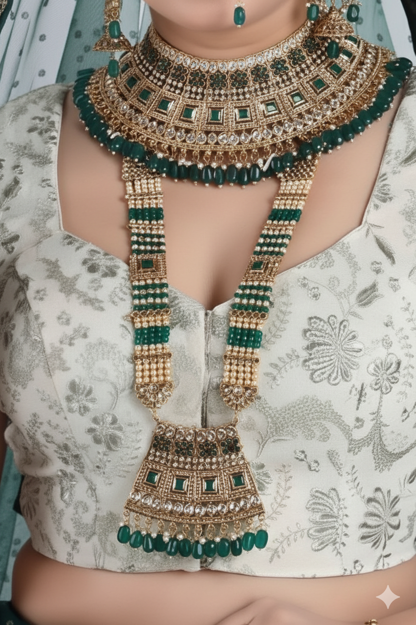 The 'Royal Princess' Emerald Green & Gold Plated Full Bridal Set 7011