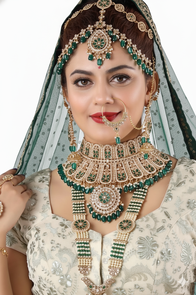Exquisite Emerald Green &amp; Gold Bridal Jewellery Set 1011