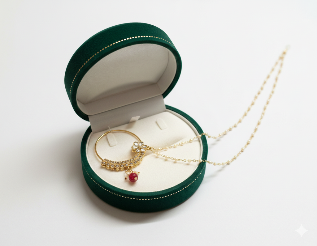 Premium Gold-Plated Bridal Nath with Double Pearl Chain & Red Bead – Traditional Wedding Jewellery