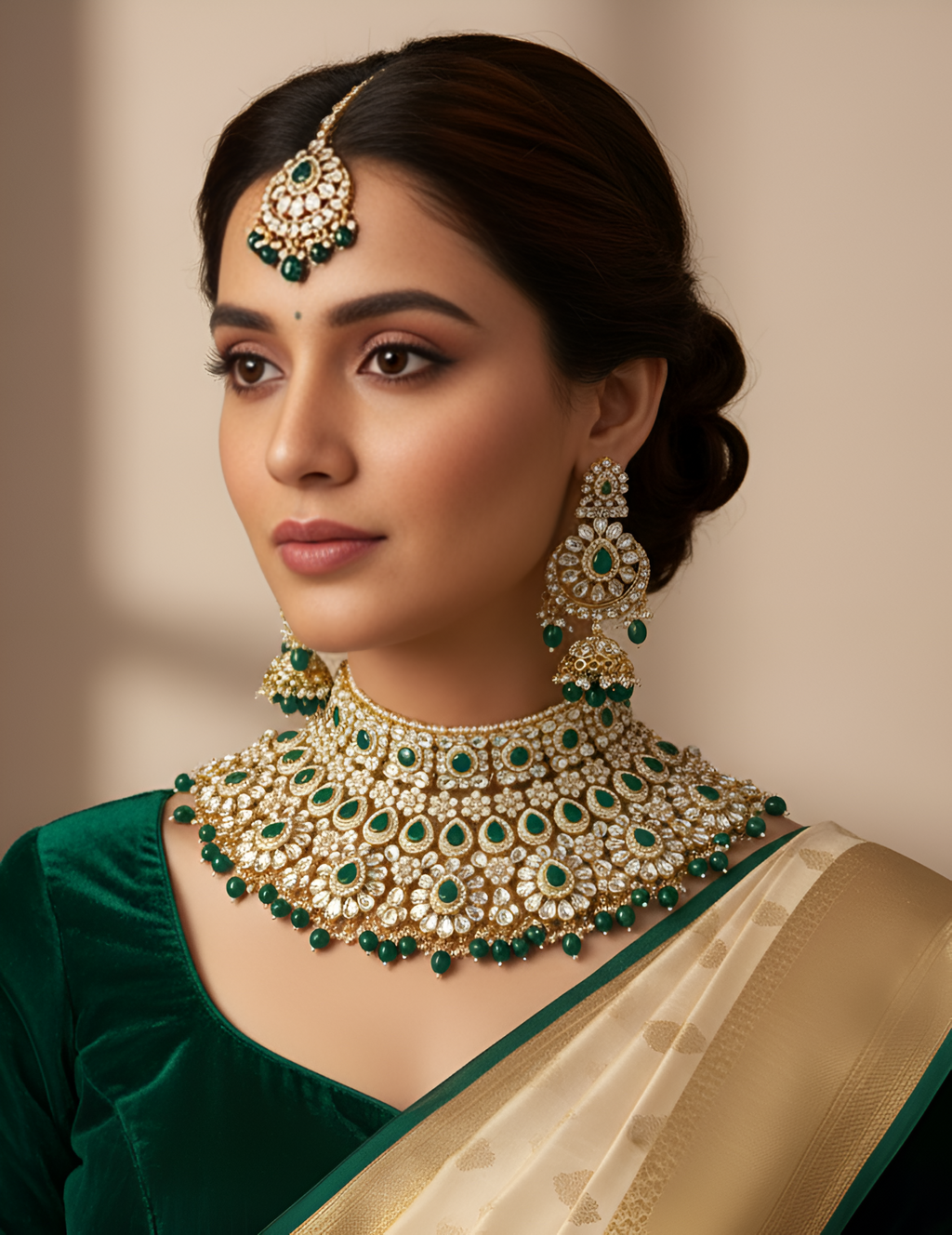 Traditional Kundan Bridal Jewellery Set for Women – Gold Plated Choker Necklace with Earrings & Maang Tikka (GREEN COLOUR)