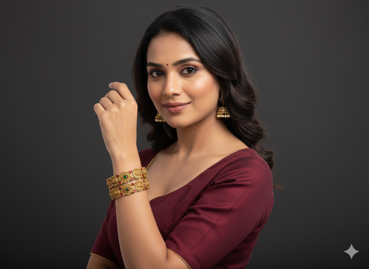 Antique Gold-Plated Temple Design Bangles with Red & Green Stones – Traditional Indian Jewelry