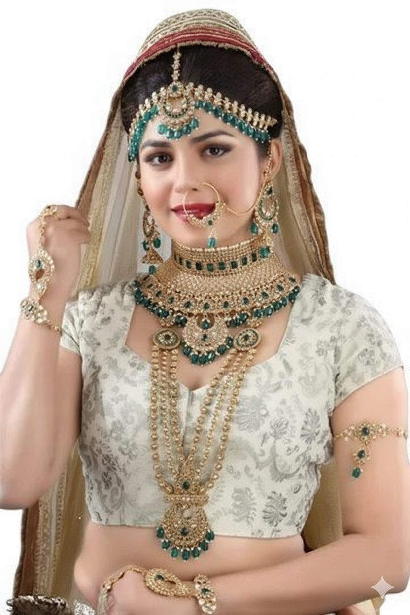 Luxury Indian Bridal Jewellery Set for Women – Gold Plated Necklace, Earrings, Nath, Maang Tikka, Hathphool & Armlet with Green Stones