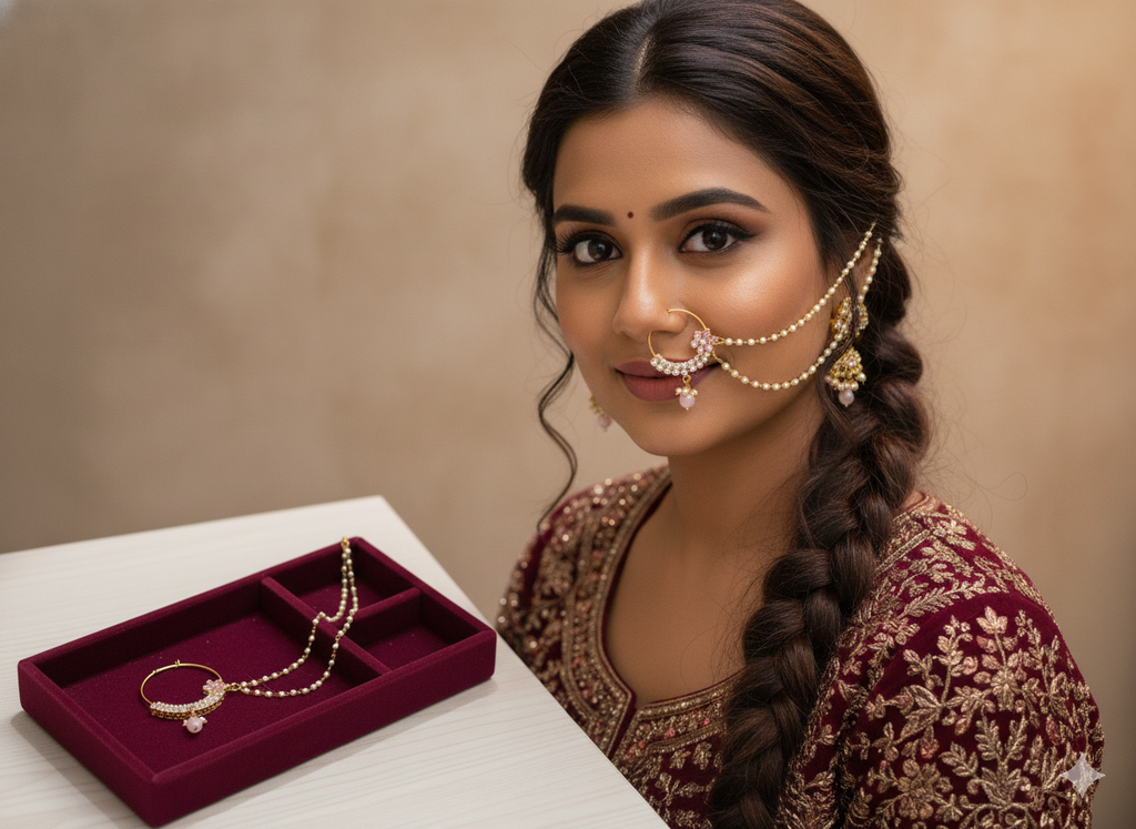 Elegant Pink Stone Floral Nath with Double Chain