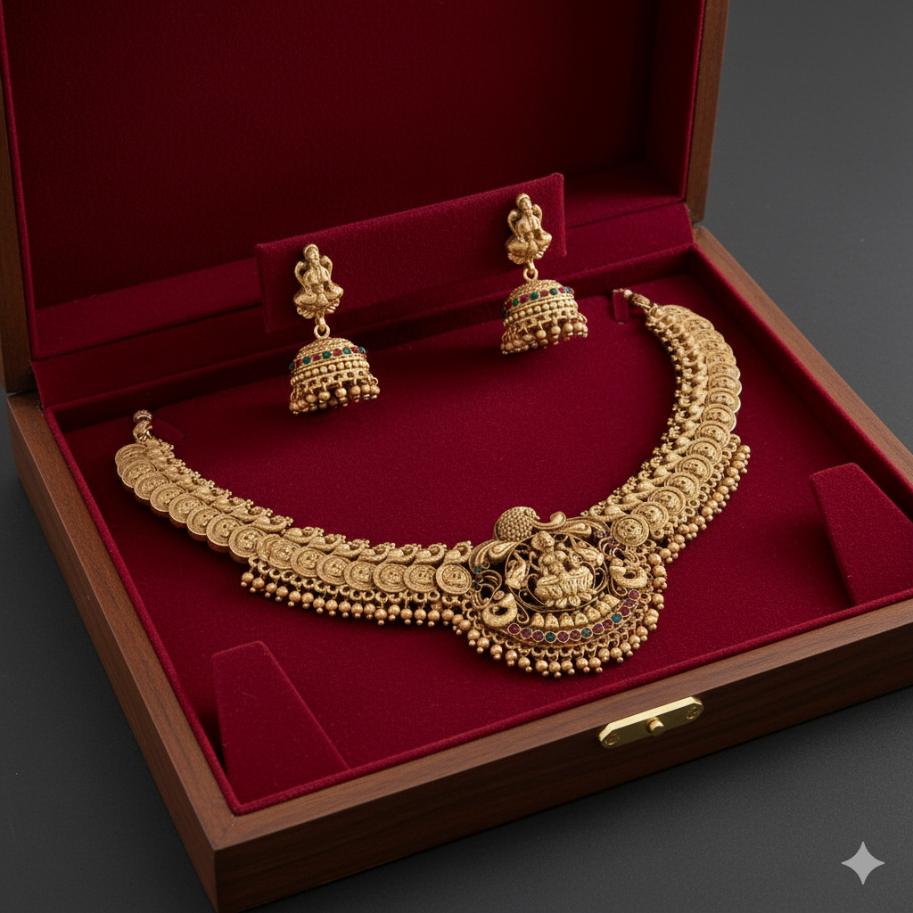 Antique Temple Jewellery Choker Necklace Set for Women – Gold Plated Lakshmi Design with Jhumka Earrings