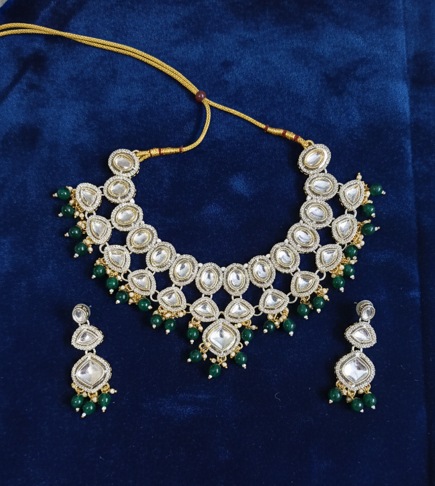 Elegant Kundan Necklace Set with Green Beads Traditional Bridal & Party Wear Jewellery