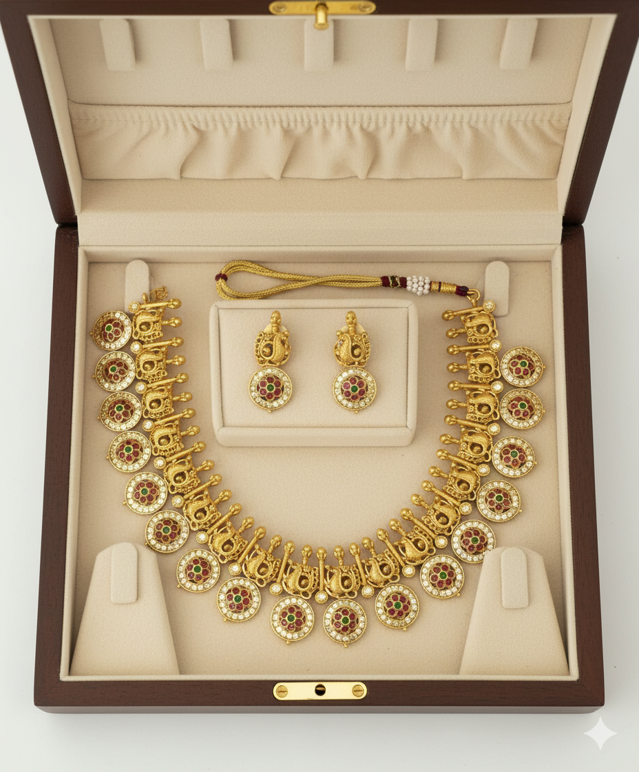 Antique Temple Jewellery Necklace Set for Women – Gold Plated Traditional Lakshmi Coin Design with Earrings