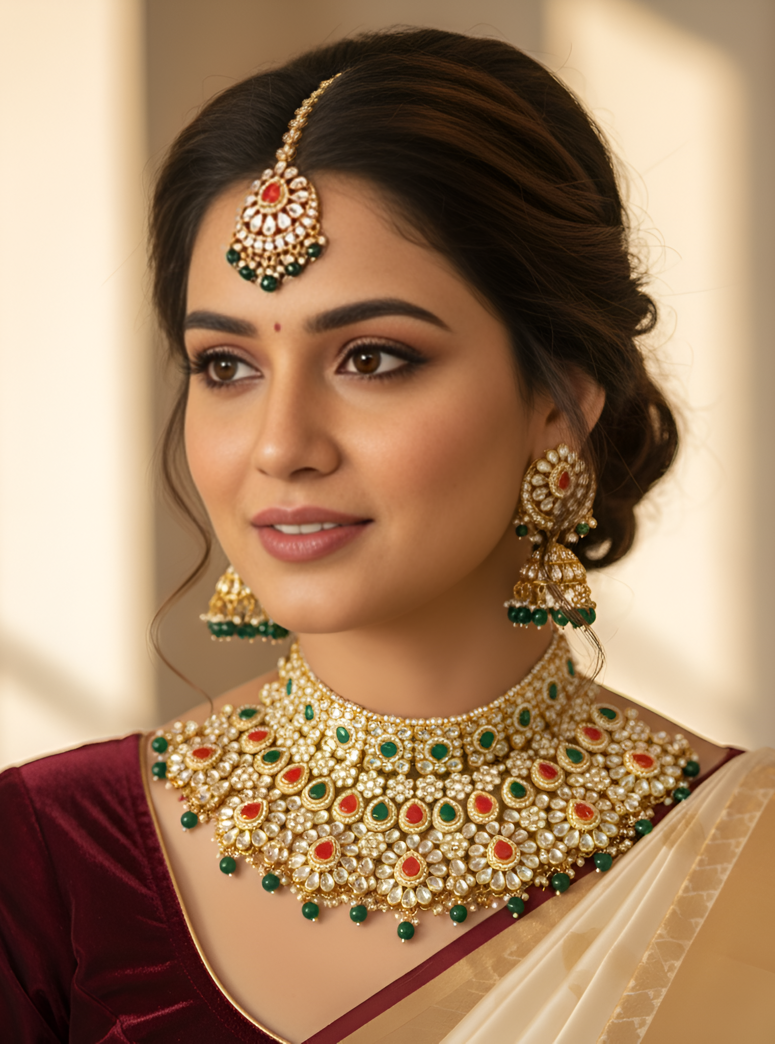 Traditional Kundan Bridal Jewellery Set for Women – Gold Plated Choker Necklace with Earrings & Maang Tikka Multicolour