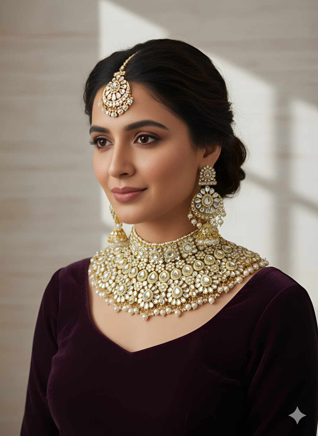 Golden Traditional Kundan Bridal Jewellery Set for Women – Gold Plated Choker Necklace with Earrings & Maang Tikka