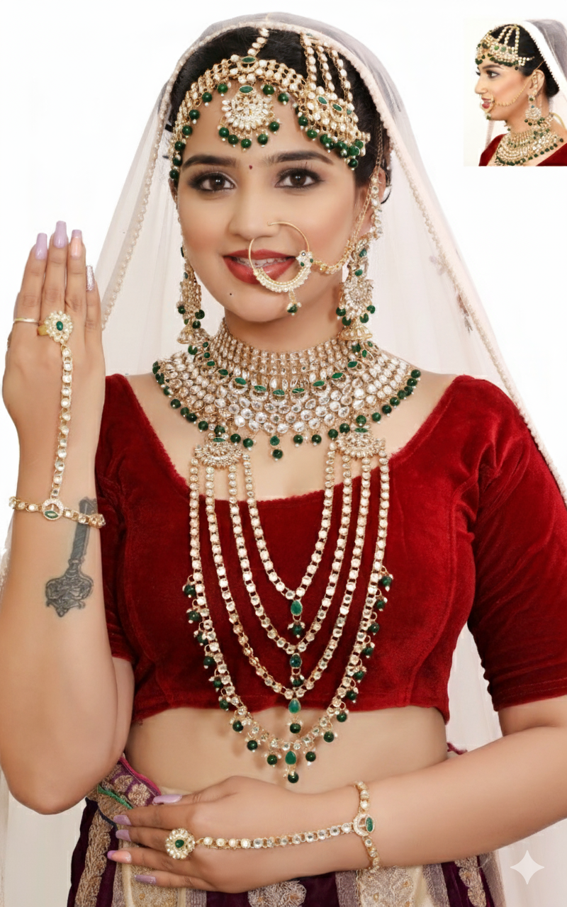 Traditional Green & Gold Bridal Jewellery Set D.No.1406