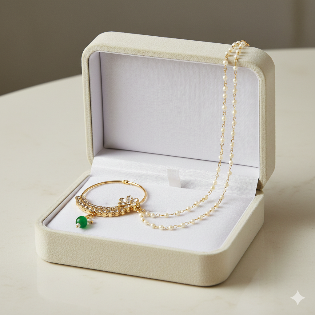 Elegant Gold-Plated Bridal Nath with Double Chain & Green Bead Drop