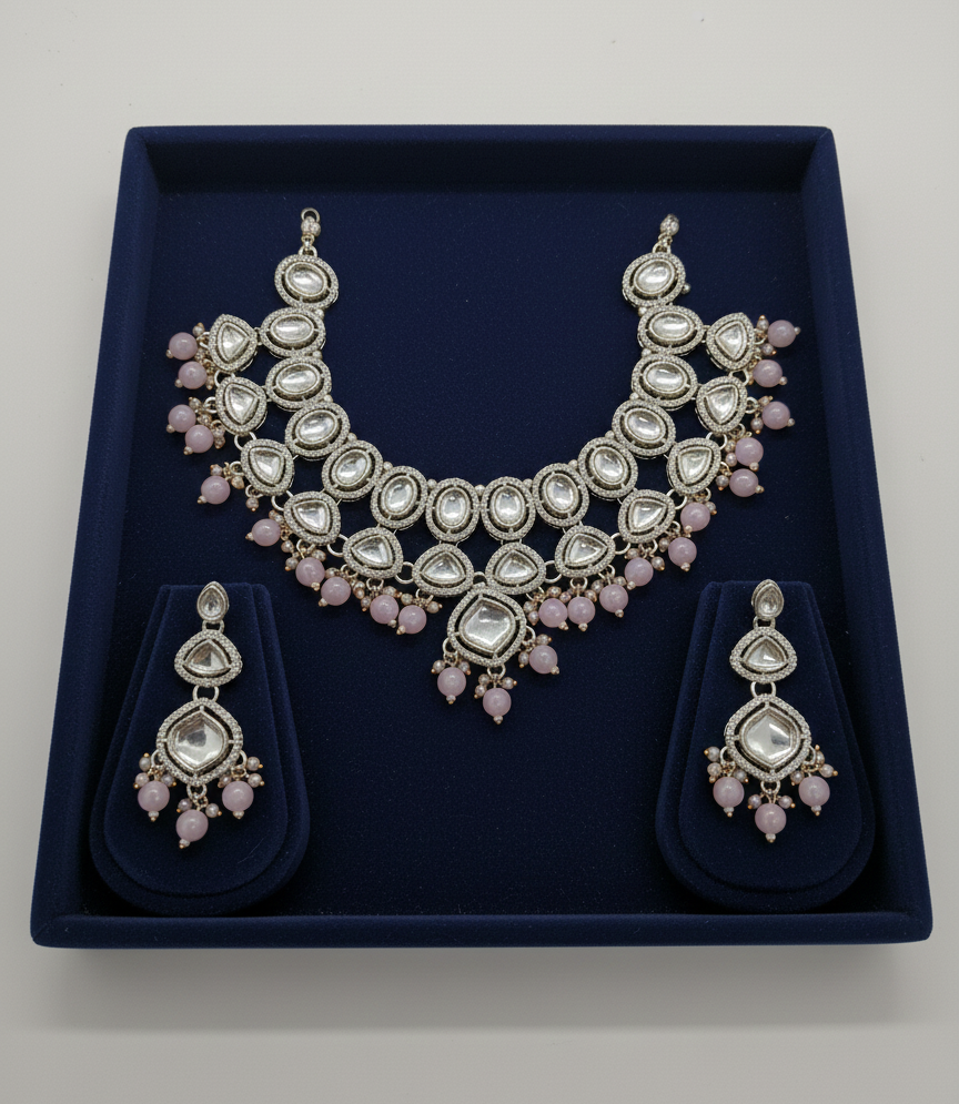 Elegant Kundan Necklace Set with Pink Beads – Party & Wedding Wear