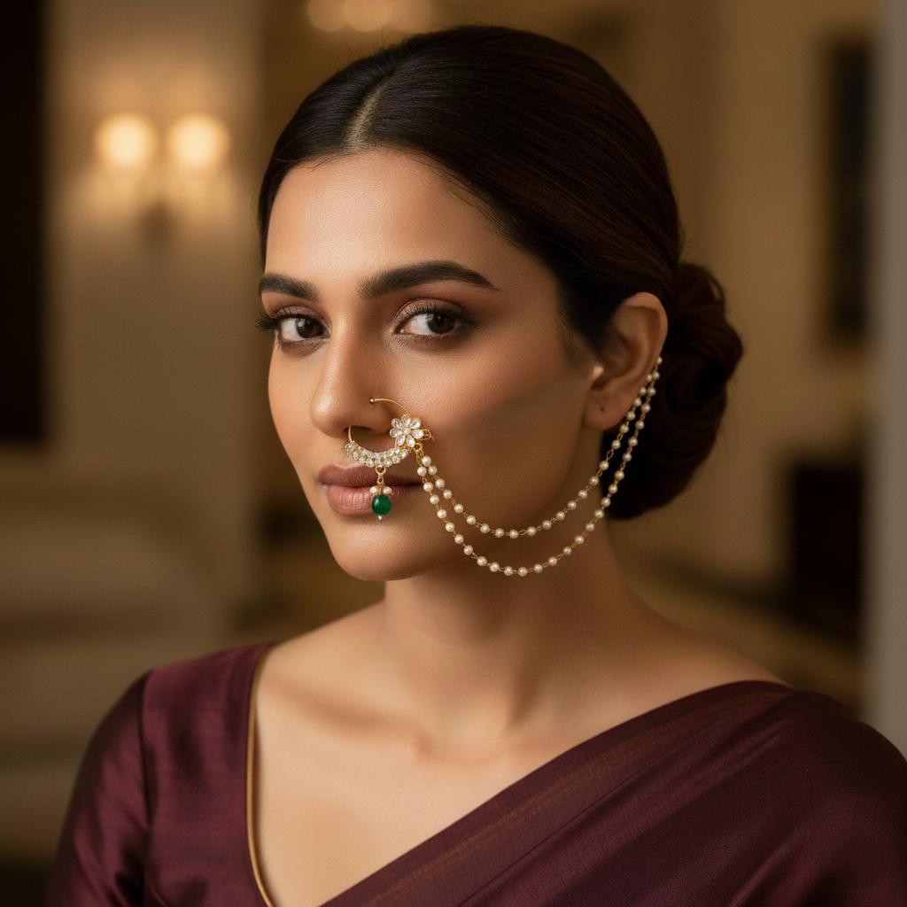 Elegant Gold-Plated Bridal Nath with Double Chain & Green Bead Drop