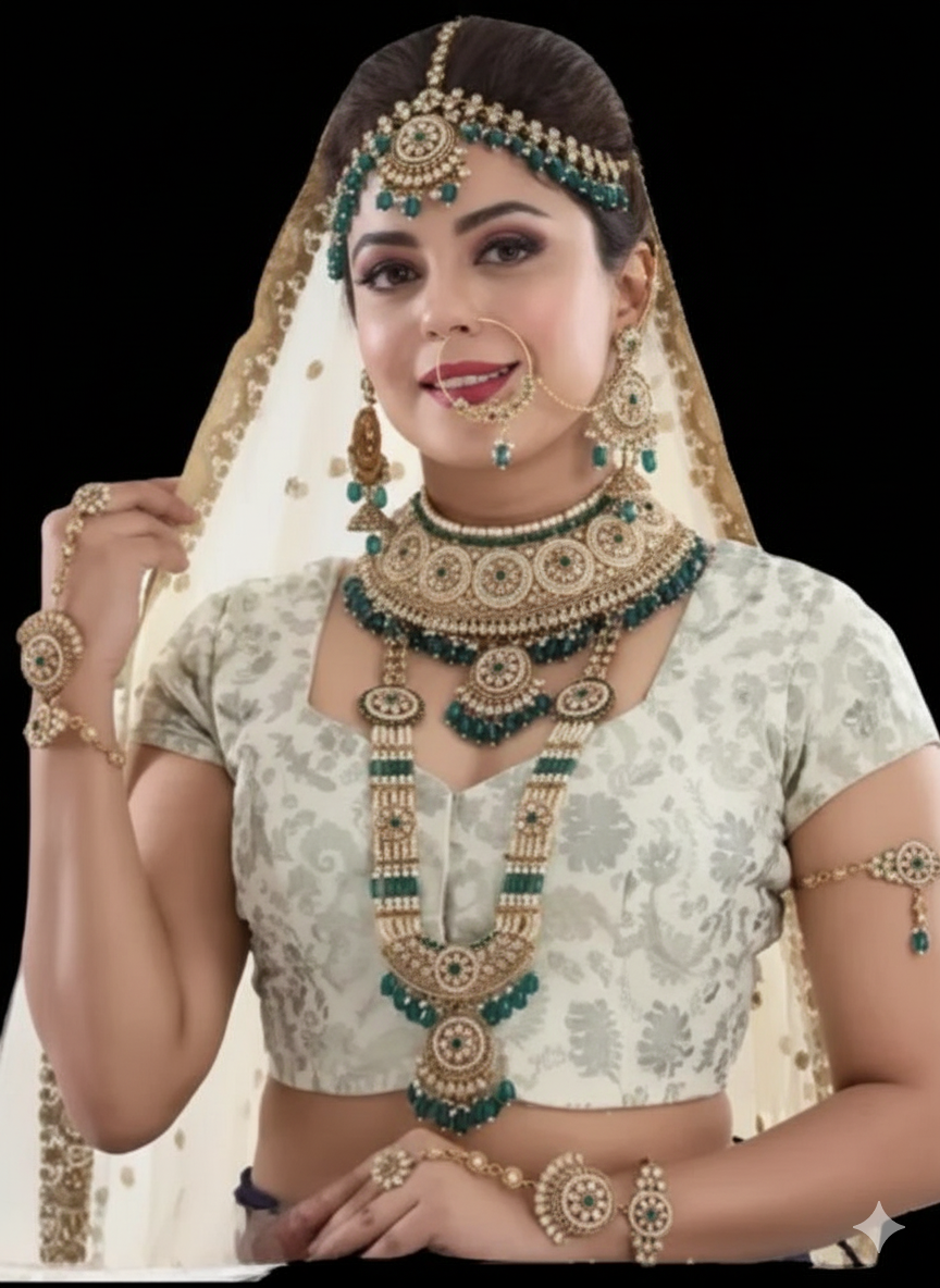 Royal Indian Bridal Jewellery Set for Women – Gold Plated Choker, Long Necklace, Earrings, Nath, Maang Tikka & Hathphool with Green Stones