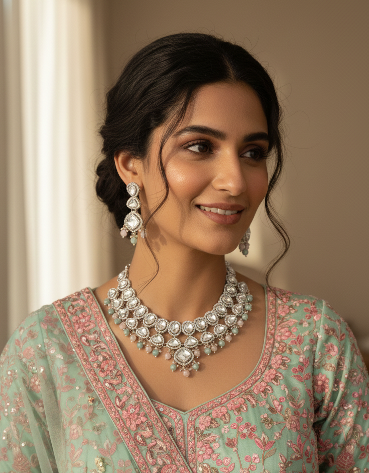 Elegant Kundan Necklace Set with Pastel Beads Traditional Party Wear Jewellery Set 1152 MINT PINK