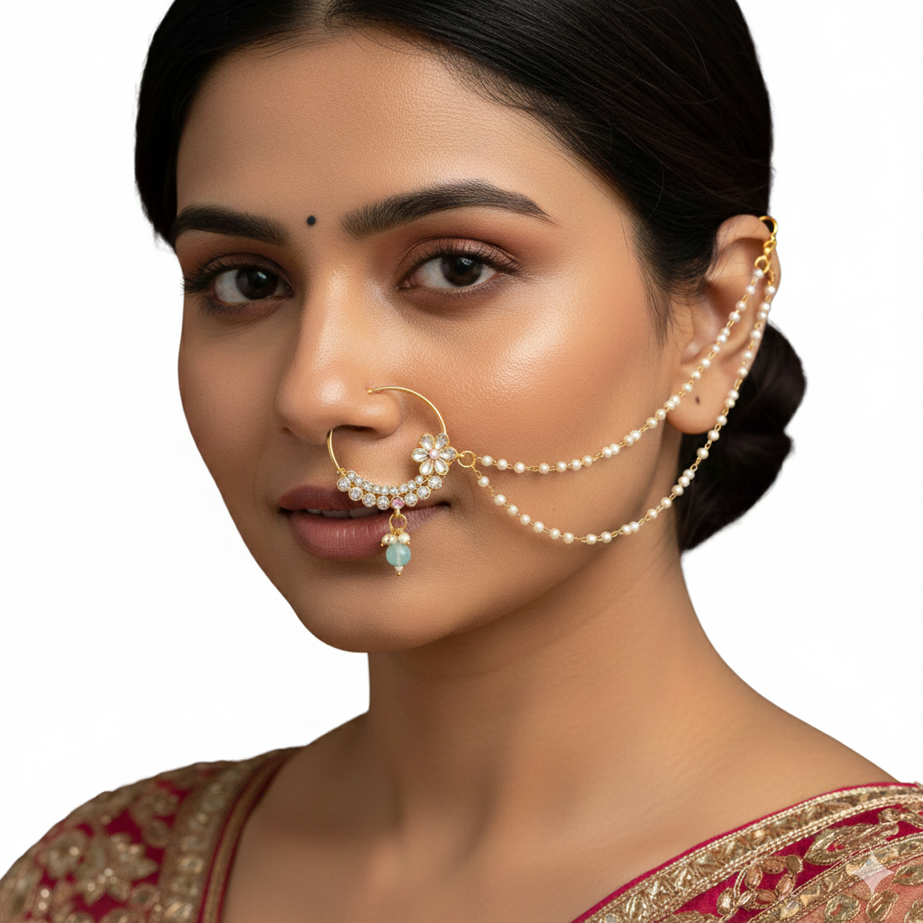 Premium Floral Stone Nose Ring with Double Chain – Perfect for Bridal & Party Wear