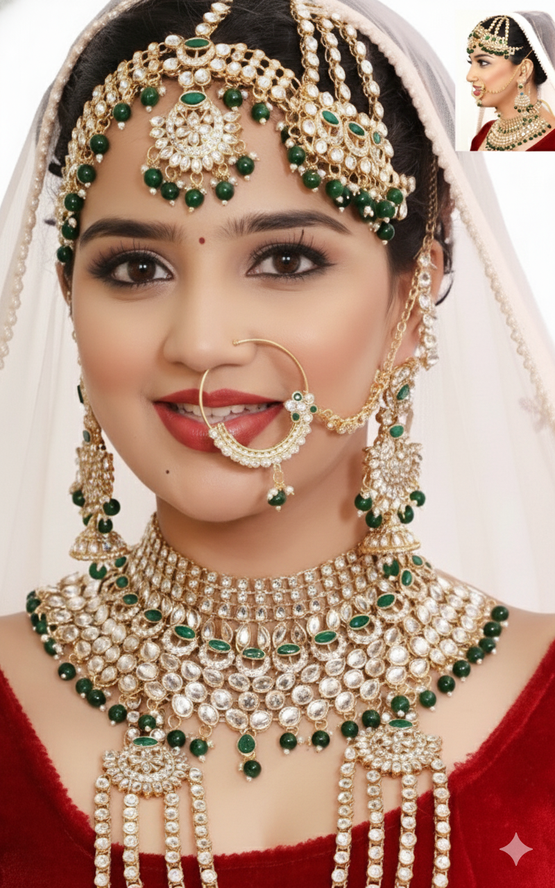 Traditional Green & Gold Bridal Jewellery Set D.No.1406