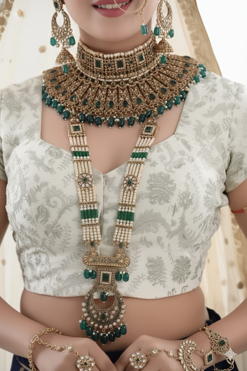 Exquisite Emerald & Pearl Bridal Jewelry Set JB 4035