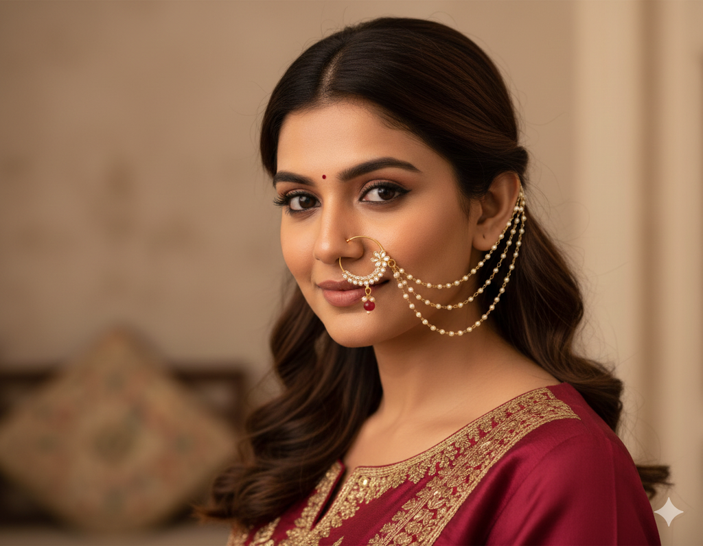 Premium Gold-Plated Bridal Nath with Double Pearl Chain & Red Bead – Traditional Wedding Jewellery