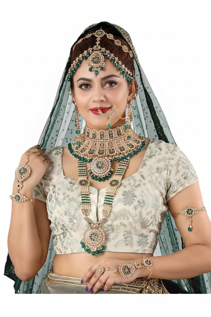 Exquisite Emerald Green &amp; Gold Bridal Jewellery Set 1011