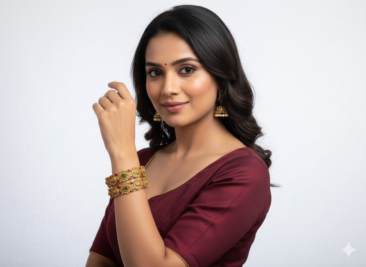 Antique Gold-Plated Temple Design Bangles with Red & Green Stones – Traditional Indian Jewelry