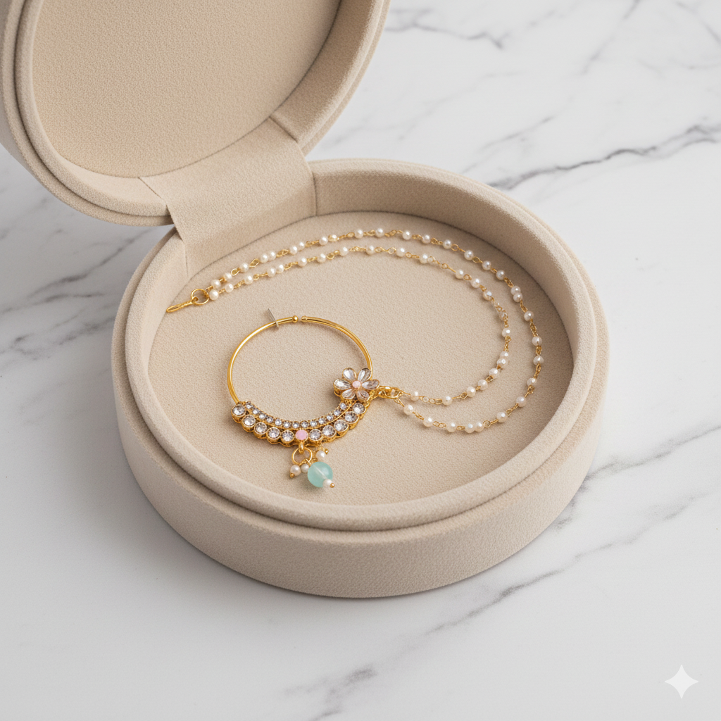 Premium Floral Stone Nose Ring with Double Chain – Perfect for Bridal & Party Wear