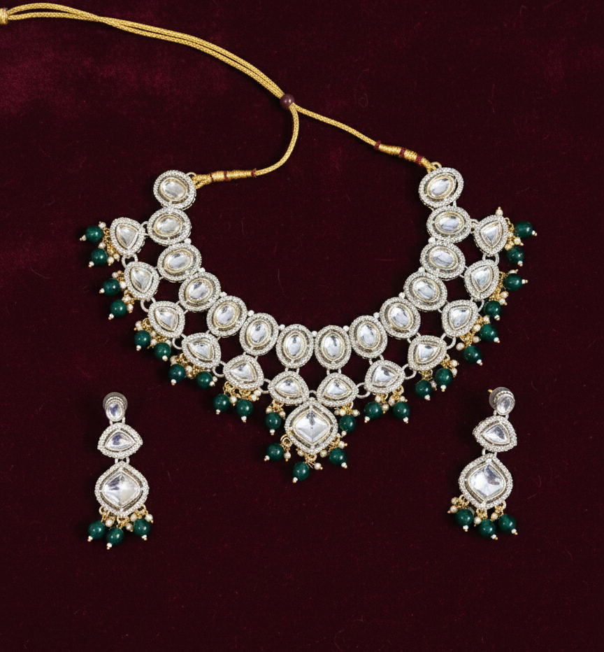 Elegant Kundan Necklace Set with Green Beads Traditional Bridal & Party Wear Jewellery