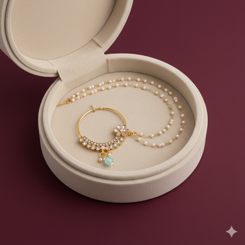 Premium Floral Stone Nose Ring with Double Chain – Perfect for Bridal & Party Wear