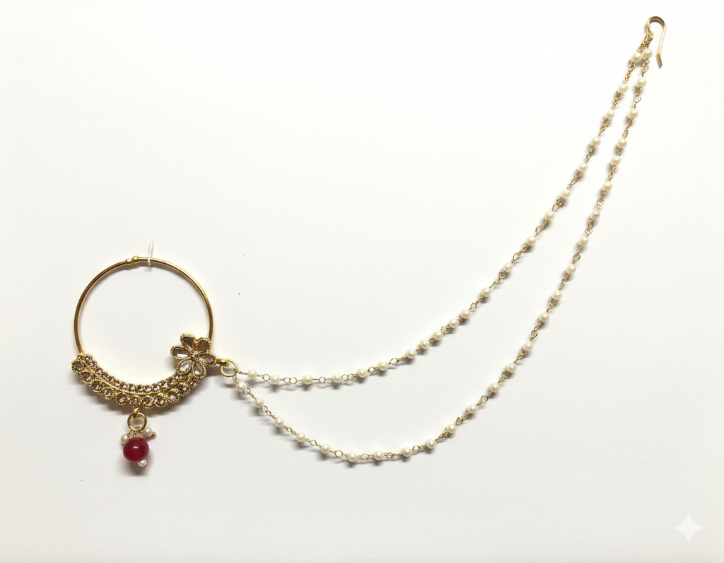 Premium Gold-Plated Bridal Nath with Double Pearl Chain & Red Bead – Traditional Wedding Jewellery
