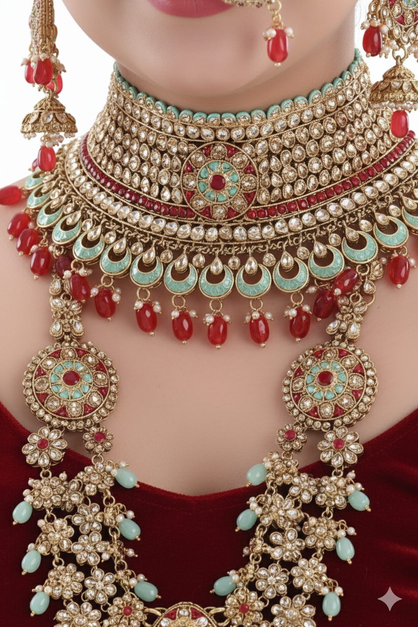 Exquisite Indian Bridal Choker Necklace - Traditional Gold Plated Wedding Jewelry Set 4021