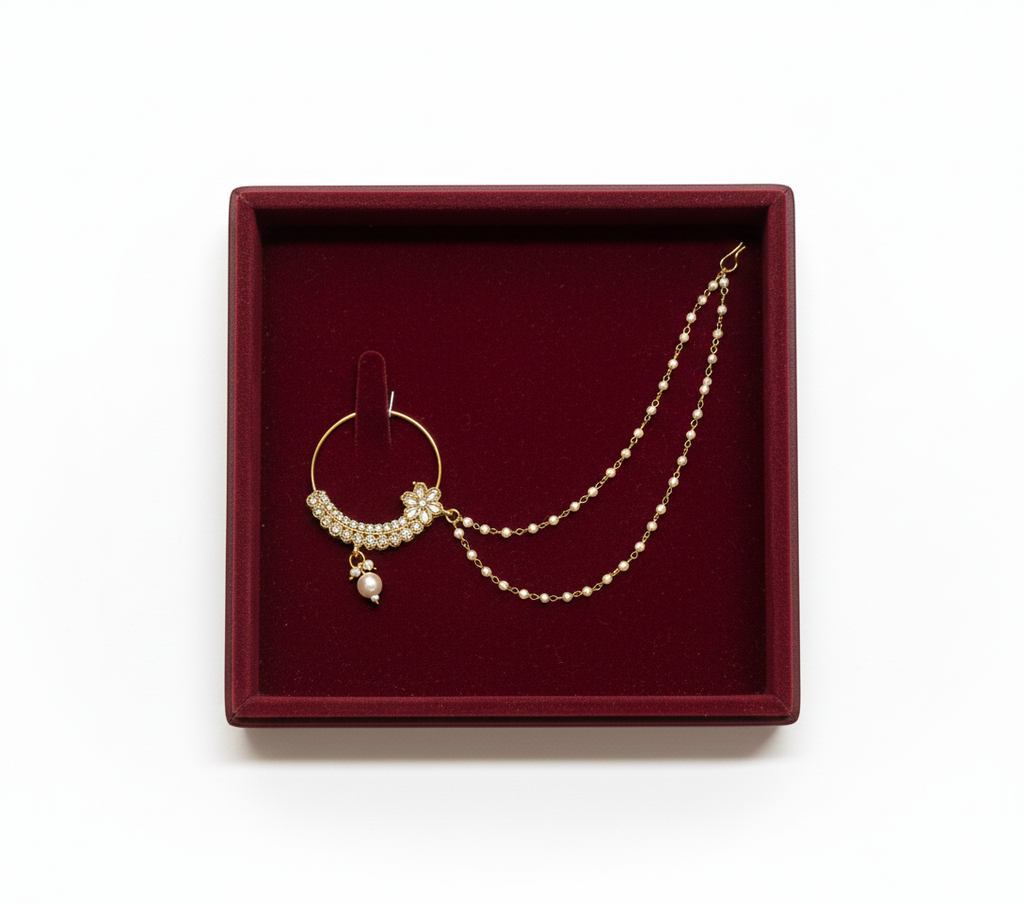 Elegant Gold-Plated Pearl Nath with Double Chain for Women