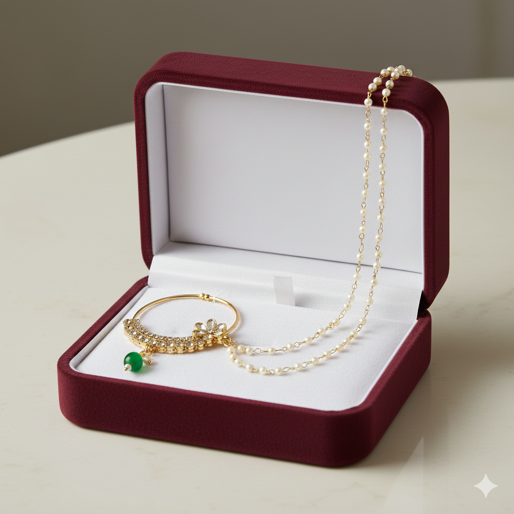 Elegant Gold-Plated Bridal Nath with Double Chain & Green Bead Drop