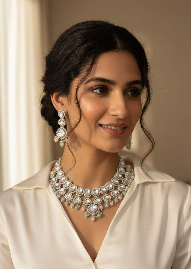 Elegant Kundan Necklace Set with Pastel Beads Traditional Party Wear Jewellery Set 1152 MINT PINK