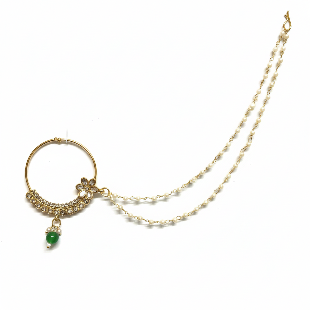 Elegant Gold-Plated Bridal Nath with Double Chain & Green Bead Drop
