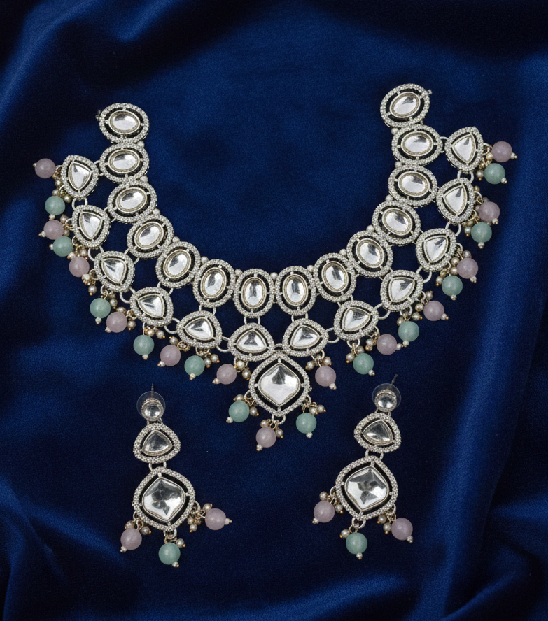 Elegant Kundan Necklace Set with Pastel Beads Traditional Party Wear Jewellery Set 1152 MINT PINK