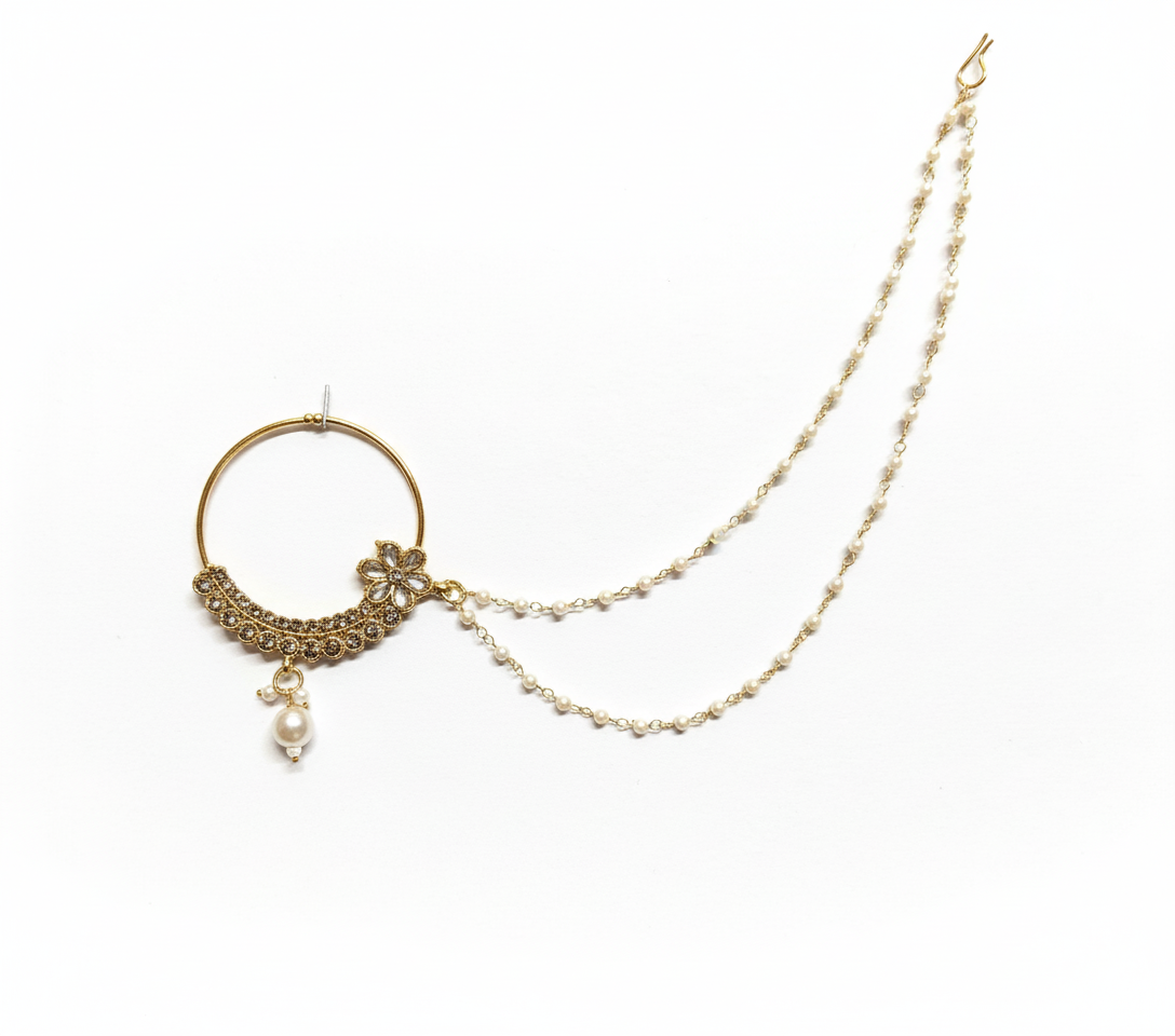 Elegant Gold-Plated Pearl Nath with Double Chain for Women
