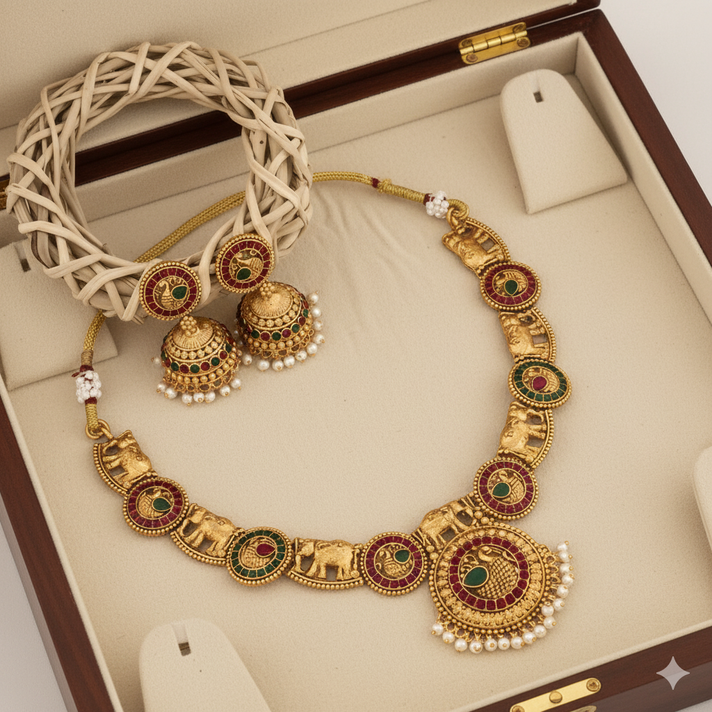Antique Temple Jewellery Necklace Set for Women – Gold Plated Elephant Design with Jhumka Earrings